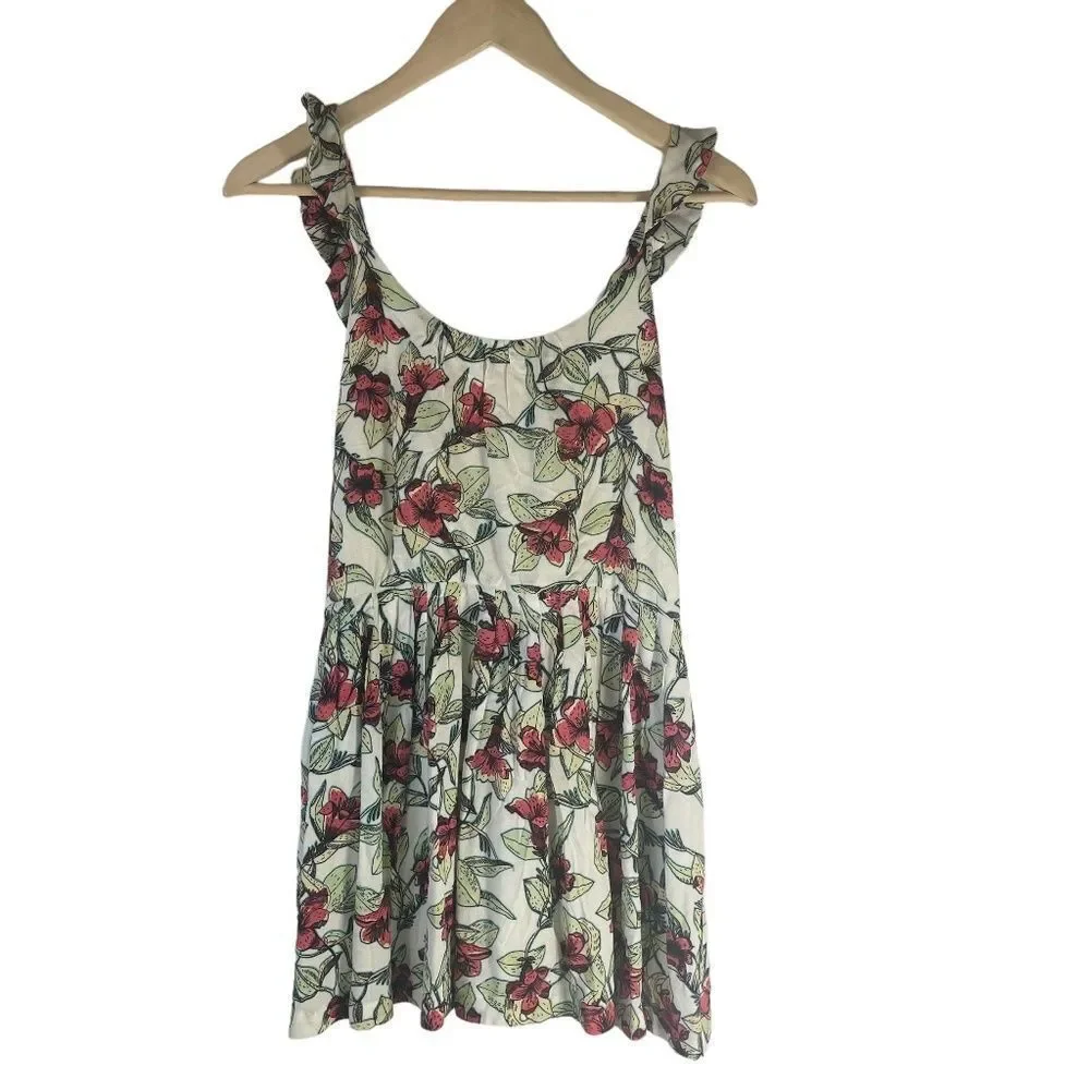 Free People Dear You Floral Print Drawstring Waist Mini Dress Ruffle Strap Sz XS